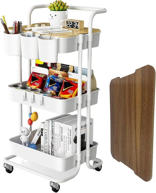 3 Tier Rolling Cart with Metal Handle, Table Top, Hanging Cups, Hooks, Plastic Storage Baskets& Wheels Lockable, Utility Cart for Bathroom Classroom Office Kitchen Pantry Organizers and Storage, White