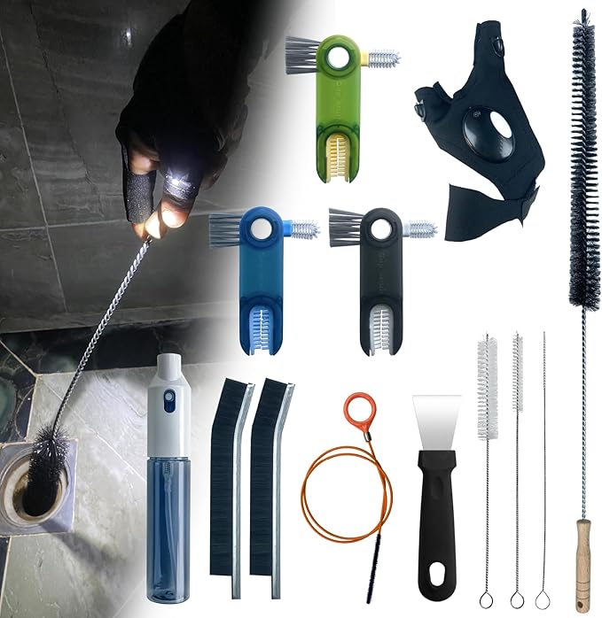 13Pcs Deep Crevice Cleaning Brush Set with Flashlight Gloves & Drain Brush - Dryer Vent Cup Lid Straw Gap Cleaning Tools Professional Cleaning Supplies