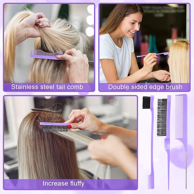15 Pcs Slick Back Hair Brush Set, Bristle Comb with Spray Bottle,Hair Clip,Edge Brush for Women, Men (Purple)