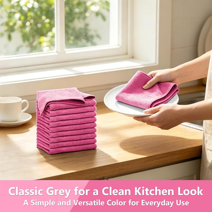 Kitchen Dish Cloths, 12 Pack, 10 x 10 Inches, Soft Absorbent Dish Towels, Lint Free Reusable Dish Rags for Dishwashing, Drying and Daily Cleanup, Hot Pink
