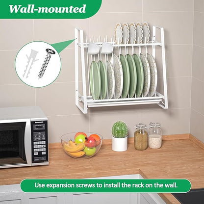 Dish Drying Rack with Drainboard, 11 Slots Upright 2-Tier Plate Organizer, Countertop/Wall-Mounted Kitchen Dish Holder