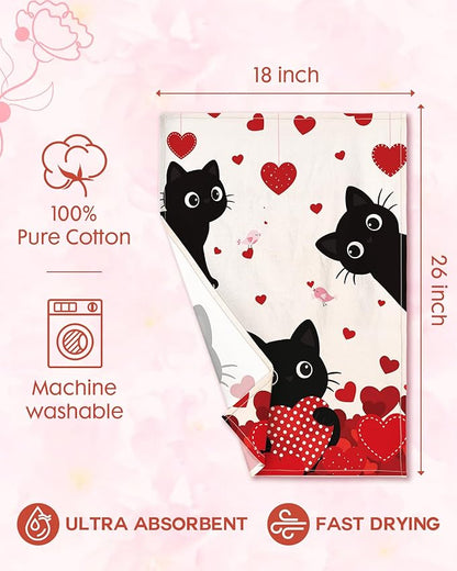 Miss Adola Valentine Day Kitchen Towels Set of 2 - Flour Sack Tea Towels with Hanging Loop 18x26 Inch Sweet Home Hand Dish Cloths Red Hearts Cats Absorbent Reusable Dishcloths Cute Valentine Decor