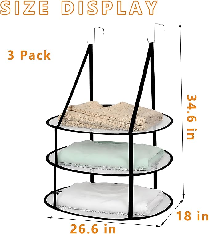 SAMJANE Hanging Sweater Drying Rack – Lay-Flat Warp-Knit Airflow Mesh for Delicates, 3 pcs 3-Tier Foldable Space-Saving Door-Hanging Design for Fast Drying & No Deformation in Small Spaces (Black)