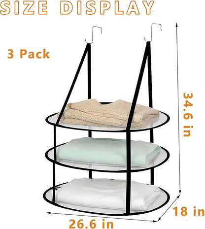 SAMJANE Hanging Sweater Drying Rack – Lay-Flat Warp-Knit Airflow Mesh for Delicates, 3 pcs 3-Tier Foldable Space-Saving Door-Hanging Design for Fast Drying & No Deformation in Small Spaces (Black)