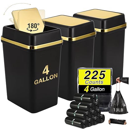 3 Pack Bathroom Trash Can with Lid 4 Gallon Small Trash Can Black Bathroom Trash Can with 225 Counts Trash Bags for Kitchen Bedroom Office
