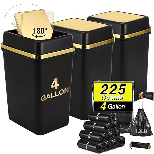 3 Pack Bathroom Trash Can with Lid 4 Gallon Small Trash Can Black Bathroom Trash Can with 225 Counts Trash Bags for Kitchen Bedroom Office