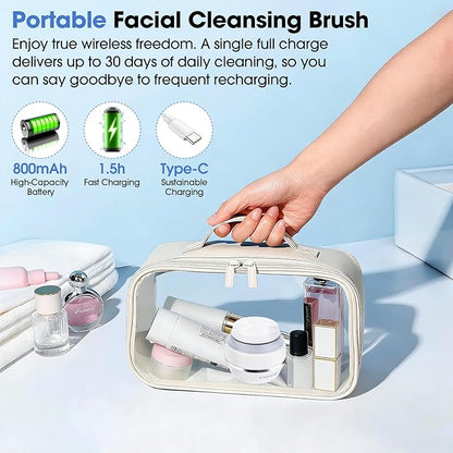 Electric Facial Cleaner with 6 Modes & 3 Light Effects, Rechargeable Waterproof Face Scrubber for Women and Men, Includes Extra Brush Head, Easy-Clean Hanging Design (White)
