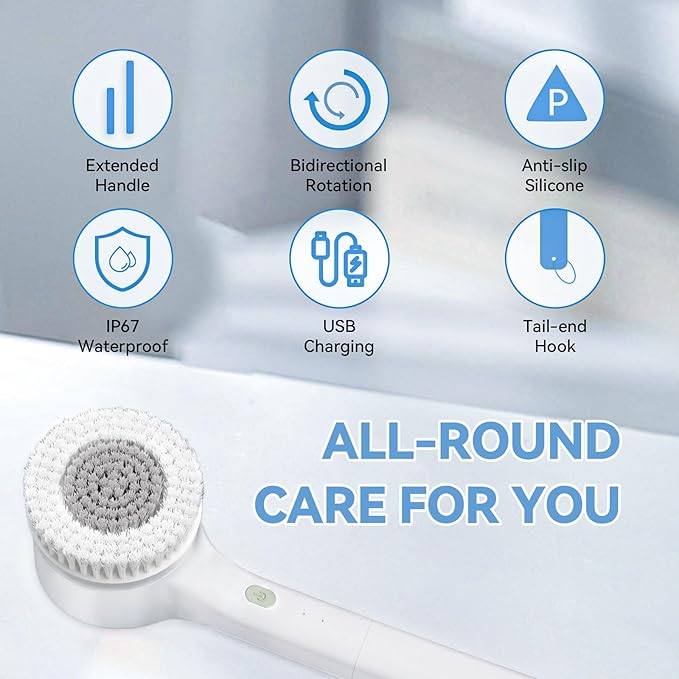 Electric Body Scrubber with Long Handle Cordless Rechargeable Shower Brush for Back Scrubbing and Exfoliating IPX7 Waterproof Vibration Silicone Bath Brush