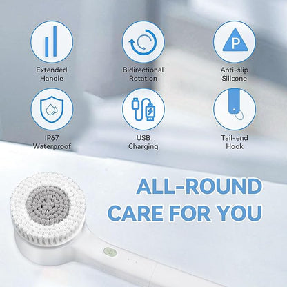 Electric Body Scrubber with Long Handle Cordless Rechargeable Shower Brush for Back Scrubbing and Exfoliating IPX7 Waterproof Vibration Silicone Bath Brush