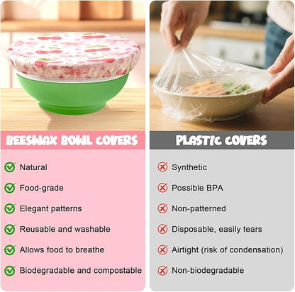 2-Pack Reusable Beeswax Bowl Covers with Pink Bow & Fruit Pattern, 10/12 Inch Elastic Cotton Food Storage Covers for Bread Proofing, Sourdough Dough & Kitchen Containers