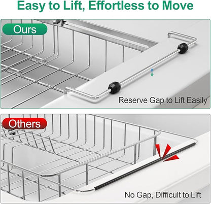 GSlife Expandable Dish Drying Rack for Large Sink- Stainless Steel Over the Sink Dish Drainer with Silicone Drying Mat and Locking Knob for Kitchen, 12.8" W x 13.4"-20.4" L, Silver