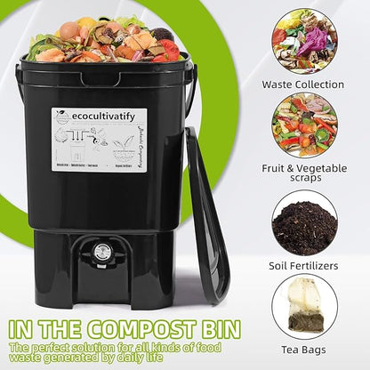 20L Bokashi Compost Bin, 5.28 Gallon Compost Bin for Kitchen Composter with Lid, Bokashi Start Kit with Bran (Tan & Dark Green) (20L/5.28GAL Black)