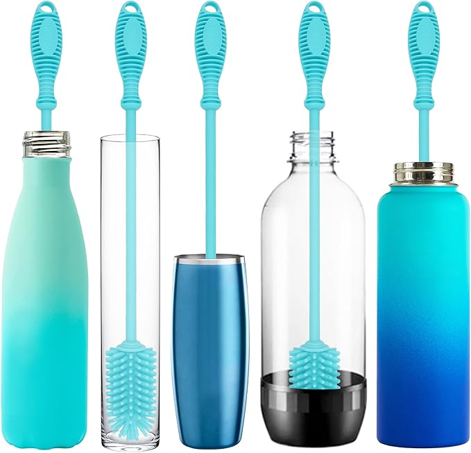 Kitchiny Silicone Bottle Brush with 2 Straw Cleaners - 12.5” Water Bottle Cleaner Brush for Yeti, Hydro Flask, Owala, Stanley, Baby Bottles, Glassware, Vases & Narrow Neck Containers - Blue