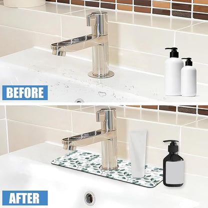 Sink Faucet Absorbing Mat Green Eucalyptus Leaf Sink Splash Guard Drying Mat for Kitchen Bathroom Faucet Sinkmat 15.5"X5.5"