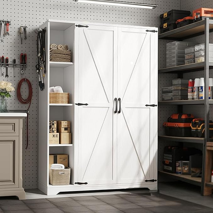 YITAHOME Wooden Garage Broom Cabinets with Adjustable Shelves, Multifunctional Organizer for Ironing Boards and Vacuum Cleaners, Tool Storage Cabinet for Gym, Basement, Warehouse, Oak White