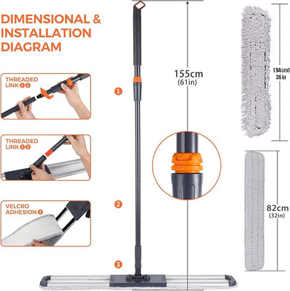 Flat Mop for Cleaning Floors Heavy Duty Microfiber Wet Mop Deep Cleaning for Hardwood, Tile & Laminate, Includes 4 Reusable Washable Pads and Adjustable Long Handle (36 in Mop Set)
