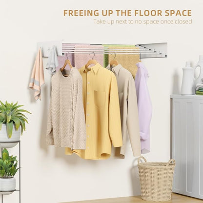 ZMBESUP Upgrade Wall Mounted Drying Rack with 6 Hooks, 31.5" Foldable Laundry Rack, 5 Rods & Hooks Space Saver for Bathroom, Collapsible Clothing Rack with Template for Indoor Outdoor (White)