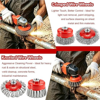 7-Pack Wire Wheel for 4-1/2" Angle Grinder, 4 Inch Carbon Steel Knotted Twist & Crimped Wire Wheels, 3" Stainless Cup Brush Set, Fits 5/8"-11 UNC Arbor for Rust, Paint, Metal Removal & Cleaning