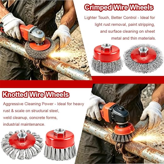 13-Pack Wire Wheel Brush for 4-1/2 Inch Angle Grinder, Heavy Duty Carbon Steel Knotted & Crimped Wire Wheels & Cup Brushes Set, Fits 5/8-11 Arbor Grinder Attachments for Rust & Paint Removal