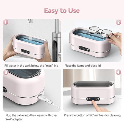 Jewelry Cleaner Ultrasonic Machine, Upgraded 48KHz Ultrasonic Cleaner with 304 Stainless Steel for Jewelry, Eyeglasses, Rings, Watch Strap, Dentures-Pink