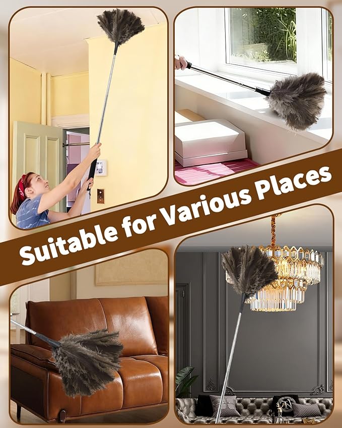 Ostrich Feather Duster, 18-48 Inch Extendable Feather Duster with Natural Fluffy Ostrich Feathers, Dusters for Cleaning Ceiling Fans, Blinds, High Ceilings, Furniture, Cars, Washable & Reusable