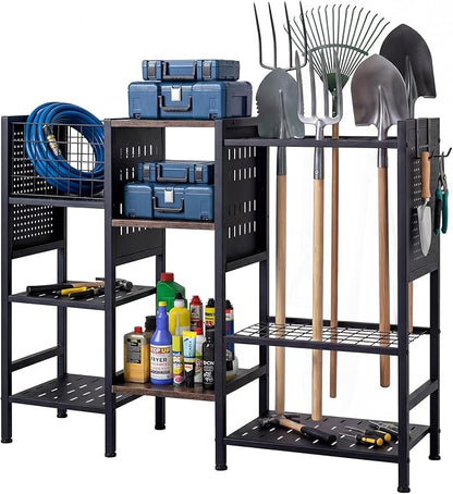 Goplus Garden Tool Organizer with Wooden Shelves, 40” Wide 3-Tier Yard Freestanding Storage Rack Holds up to 66 Long Handled Shovels, Rakes & Brooms, Heavy-Duty Tool Holder for Garage, Shed & Lawn