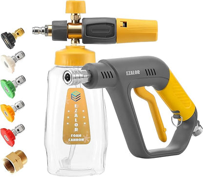Short Pressure Washer Gun with Foam Cannon, High Power Washer Gun Snow Foam Lance with 5 Power Washer Nozzle Tips, 1/4 Inch Quick Connector, 4000 PSI, 1 Liter