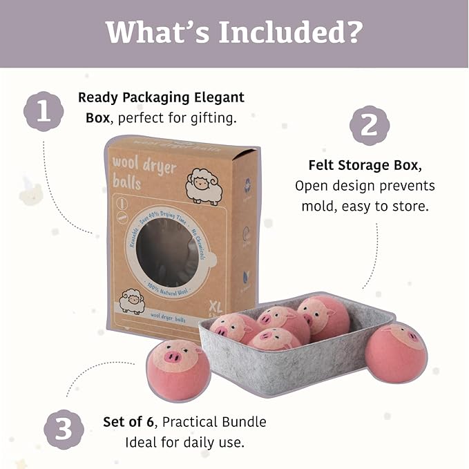 Wool Dryer Balls XL 6-Pack with Felt Storage Box, 100% Pure Wool Dryer Balls, Reusable Laundry Dryer Balls, Reduce Drying Time Wrinkles Static, Natural Fabric Softener Alternative (Pink Pig)