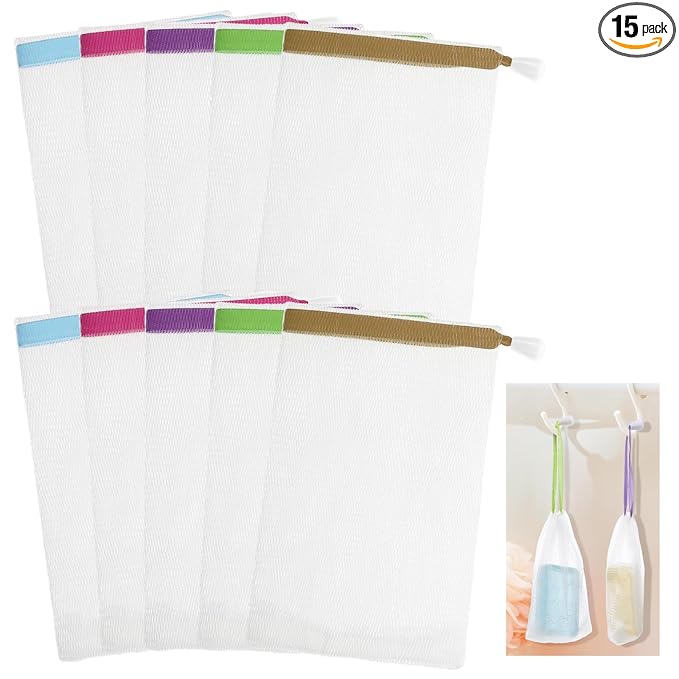 Ymapinc 15Pcs Bar Soap Scrubber Pouch, 6.1x3.1inch Exfoliating Shampoo Bar Savers Bag Loofah Pouch Sleeves with Drawstring for Bath and Shower