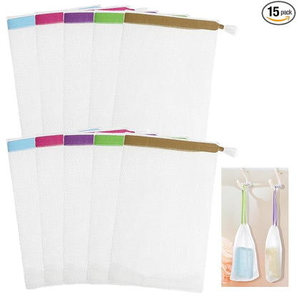 Ymapinc 15Pcs Bar Soap Scrubber Pouch, 6.1x3.1inch Exfoliating Shampoo Bar Savers Bag Loofah Pouch Sleeves with Drawstring for Bath and Shower