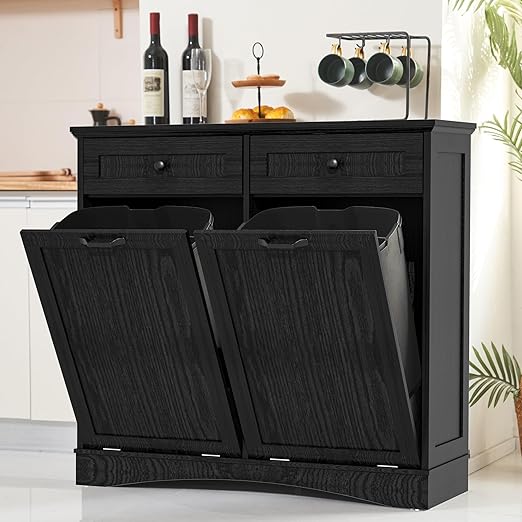AHB Double Tilt Out Trash Can Cabinet Freestanding Kitchen Trash Can, 2x13 Gallons Hidden Garbage Recycling Cabinet with Hideaway Drawers Pet Proof Trash Can Holder for Kitchen, Black