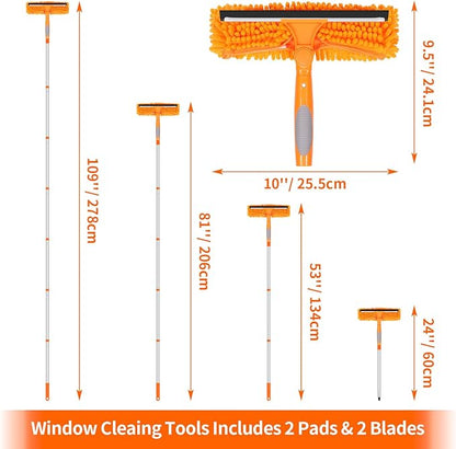 109" Window Cleaning Squeegee Kit, Professional 2 in 1 Squeegee Window Cleaner with Extension Pole, Window Washing Kit with 2 Blade 2 Pads for Indoor & Outdoor High Windows Car Glass
