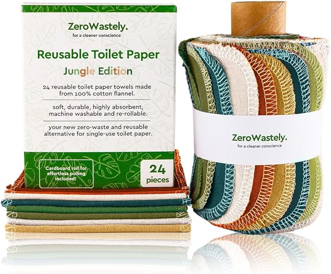 ZeroWastely 24 Reusable Toilet Paper Washable Roll - Bidet Towels Washable Toilet Paper - Cut Back & Waste Less with our Colored Super Soft, Absorbent & Re-Rollable Cloth Wipes - Jungle Edition