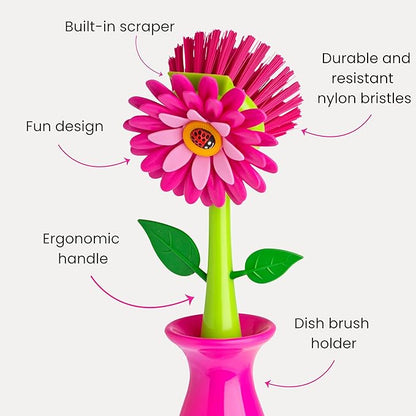 Vigar Flower Power Dish Brush with Handle and Vase Dish Brush Holder, Kitchen Scrub Brush for Pot Scrubber, Dishes, and Sink Cleaning, Pink, Green