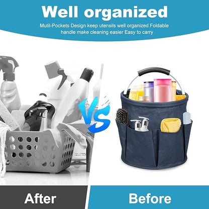 17L Cleaning Caddy, Portable Cleaning Supply Bucket, 6 Pockets Foldable Cleaning Supplies Organizer with Handle, Cleaning Caddy Bag for Cleaning Products (Navy Blue)