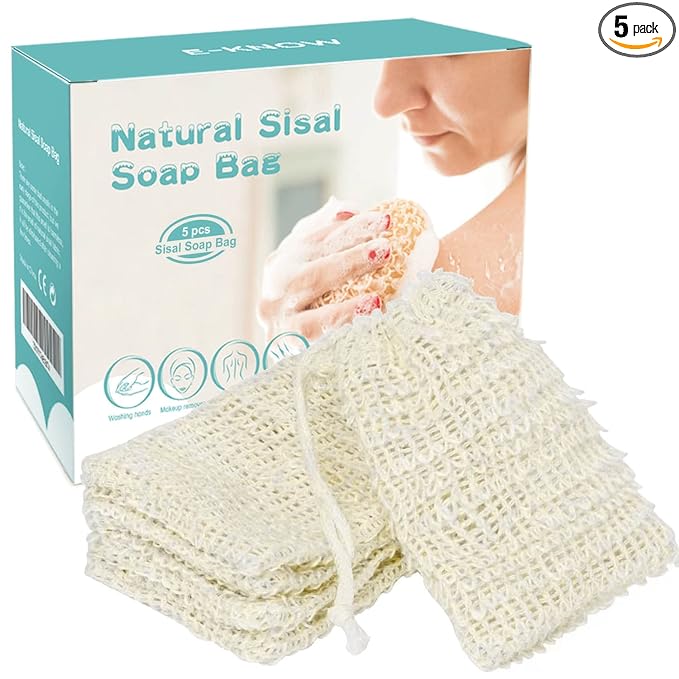 E-Know Soap Bag, 5 Pack Natural Sisal Soap Saver, Zero Waste Plastic-Free Soap Net, Foaming and Drying The Soap, Massage, Peeling