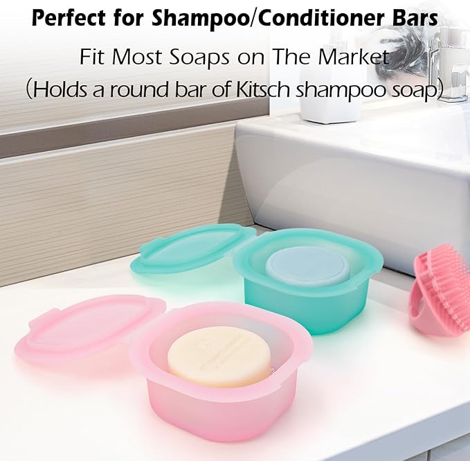 AIDIMMING Travel Soap Case with Lid, Silicone Shampoo Bar Container for Traveling, Keep Soap Dry, Round Soap Holder for Bathroom, Gym, Camping (Pink)