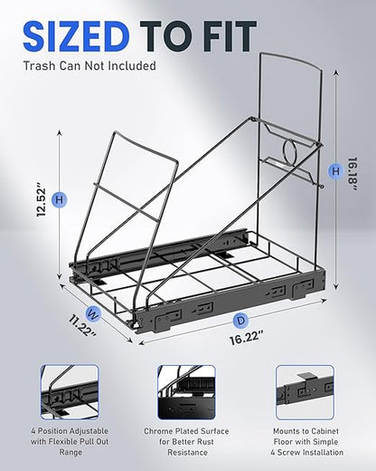 Pull Out Trash Can Under Cabinet Adjustable Trash Can Holder for 7 to 11 Gallon Bin Bottom Mount Slide Out Trash Rack for Narrow Cabinets(Black, No Bin Included)