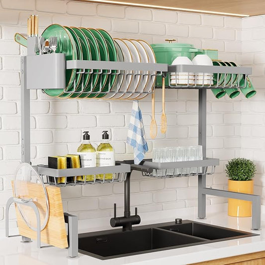 Kitsure Over The Sink Dish Drying Rack - 30.0" to 33.9"x21.5", Adjustable Sink Drying Rack for Kitchen Sink with Multifunctional Baskets, Grey