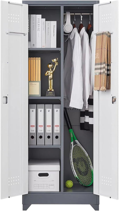 65"H Metal Broom Closet Storage Cabinet, Freestanding Garage Storage Cabinet with Hanging Rod and Locking Doors, Bathroom Storage Cabinet, Cleaning Tool Cabinet for Garage Patio Garden, Grey White