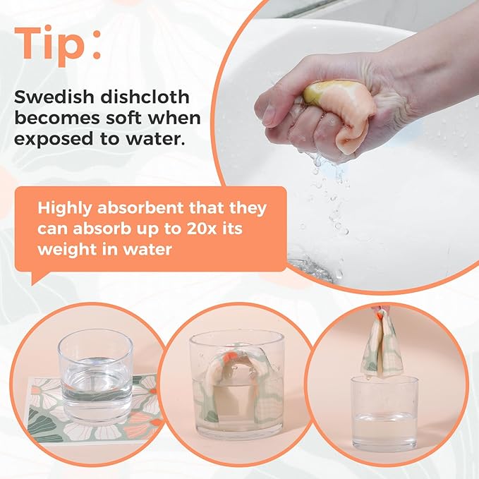Needbrock 6 Pack Swedish Dishcloths for Kitchen,Abstract Floral Dish Towels with Clips, Reusable Paper Towels Washable Absorbent Cellulose Sponge Cloths No Odor for Cleaning Home Kitchen