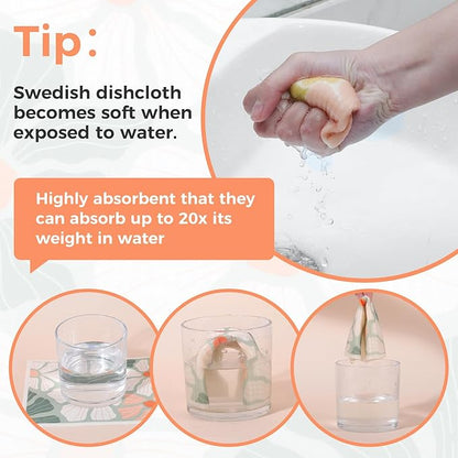 Needbrock 6 Pack Swedish Dishcloths for Kitchen,Abstract Floral Dish Towels with Clips, Reusable Paper Towels Washable Absorbent Cellulose Sponge Cloths No Odor for Cleaning Home Kitchen