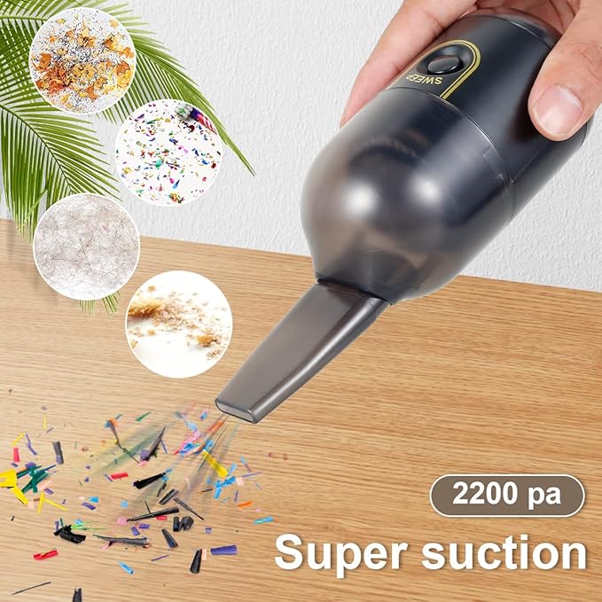 Powerful Suction 2200 pa Desktop Vacuum Cleaner, Desktop Mini Handheld Vaccum, USB Rechargeable Mini Dust Sweeper, with Brush Handheld Cordless Silent Portable Dust Cleaner for Office Car (Black)