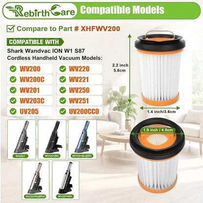 12 Pack WV201 Filter Replacement for Shark Wandvac ION W1 S87 Cordless Handheld Vacuum, Compatible with WV200, WV201, WV205, WV220, WV201BK, Compare to Part # XHFWV200
