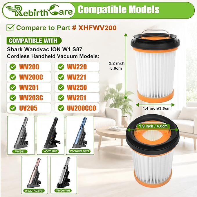 6 Pack WV201 Filter Replacement for Shark Wandvac ION W1 S87 Cordless Handheld Vacuum, Compatible with WV200, WV201, WV205, WV220, WV201BK, Compare to Part # XHFWV200