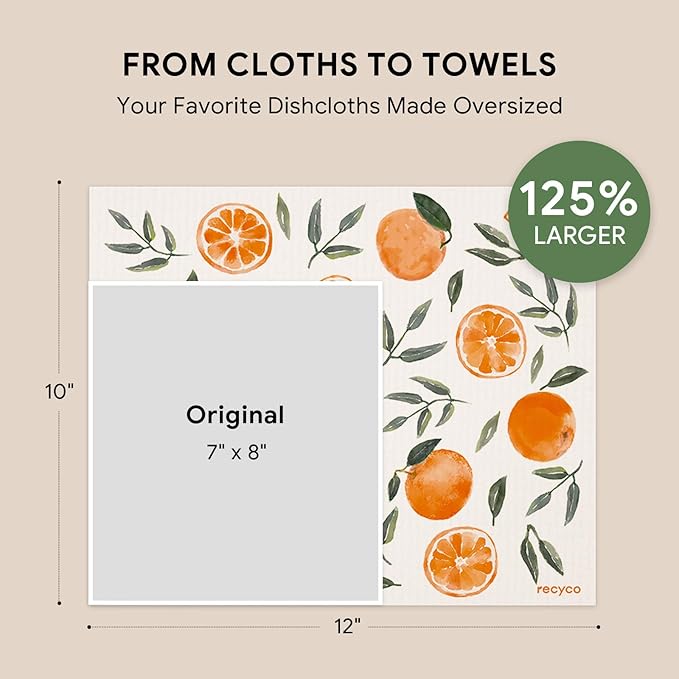 RECYCO Swedish Dishcloths for Kitchen | 4 Pack Oversized Washable Dish Rags | Large Cellulose Reusable Cleaning Paper Towels | Absorbent Counter Dish Cloth Sponge XL Kitchen Wipes, 12" L x 11" W