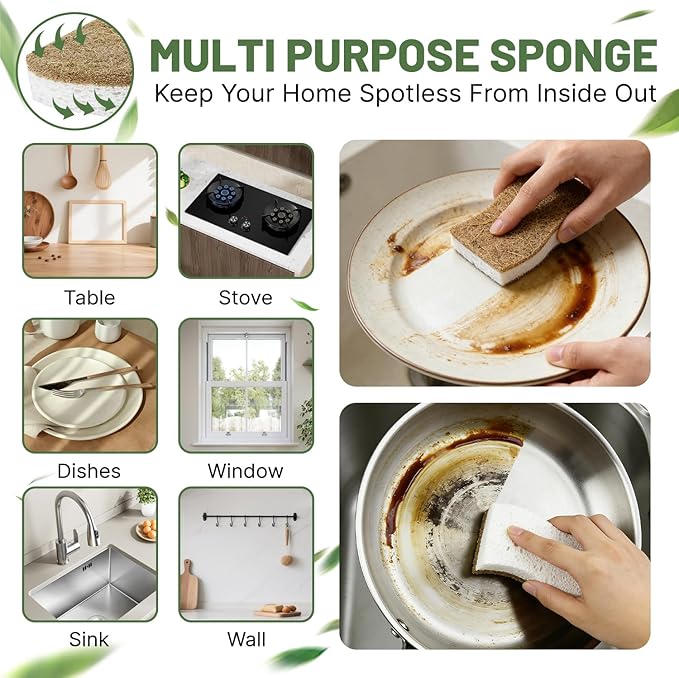 12 Pack Biodegradable Kitchen Dish Sponges, Natural Plant-Based Coconut Fiber and Compostable Cellulose Sponge, Non-Scratch Heavy Duty Scrub Sponges for Non-Stick Cookware, Kitchen Household Cleaning