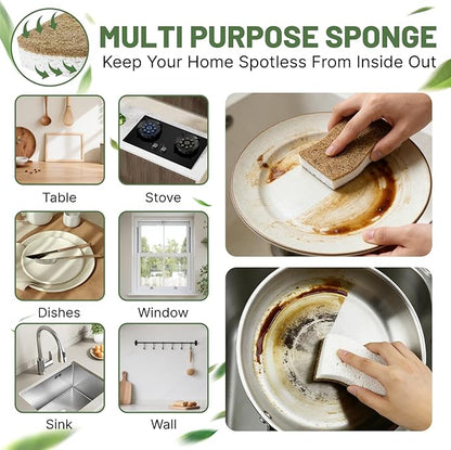 12 Pack Biodegradable Kitchen Dish Sponges, Natural Plant-Based Coconut Fiber and Compostable Cellulose Sponge, Non-Scratch Heavy Duty Scrub Sponges for Non-Stick Cookware, Kitchen Household Cleaning