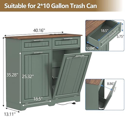 Double 10 Gallon Tilt Out Trash Can Cabinet with Deodorizing Function and Power Outlet, Wooden Hidden Garbage Can Holder with 2 Storage Drawers for Kitchen, Laundry Hamper Cabinet for Bathroom, Green