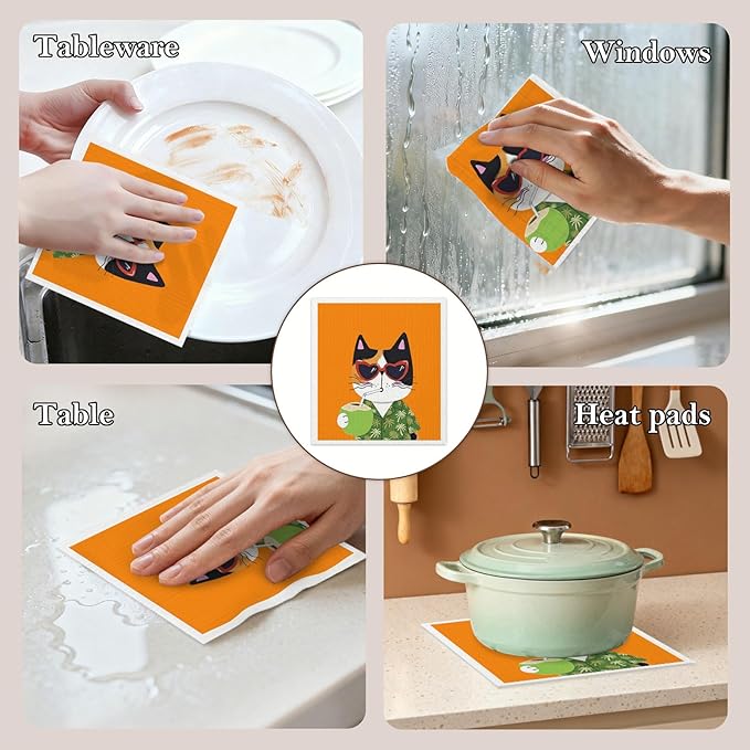 5 Pack Mixed Colorful Cartoon Cat Swedish Kitchen Dishcloths Dish Towels, Cute Kitten Dish Towels for Kitchen, Swedish Dishcloth, Paper Towels Reusable, Dish Cloth Towel Cleaning Wipe for Home